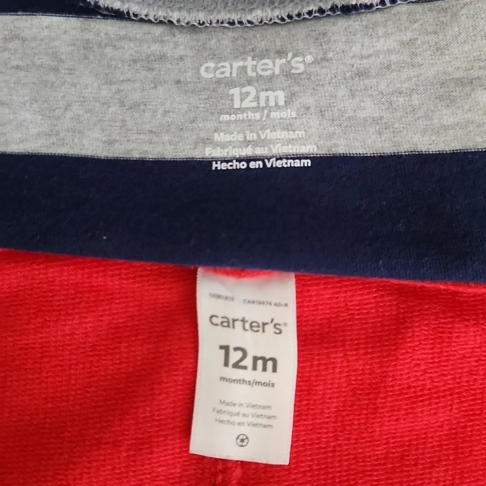 2-Piece Carter's Baby Red shortalls Overalls Striped T-Shirt Kids 12 Months